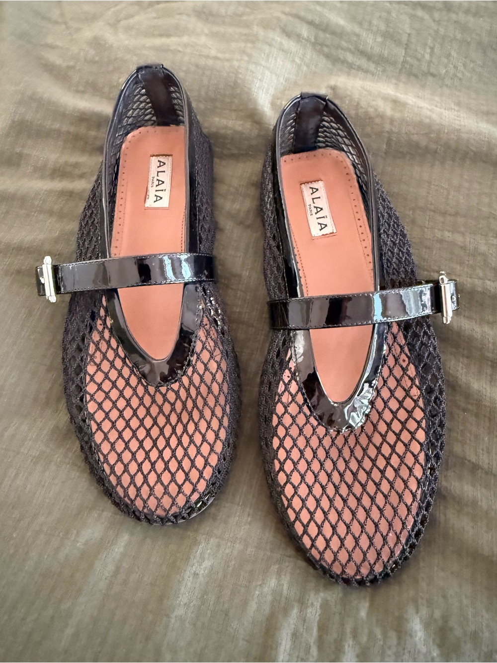 AUTHENTIC - Alaïa Black Mesh Mary Jane Flats with Patent Strap